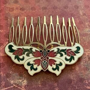 Vintage cloisonné butterfly hair comb red and green flowers on white background